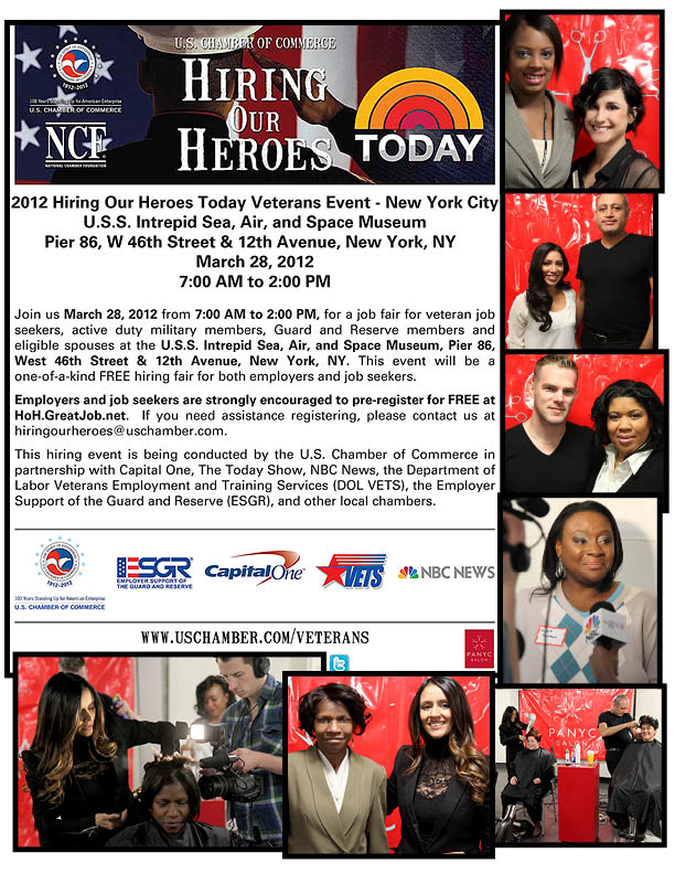 Flyer for the 2012 Hiring Our Heroes Today veterans job fair at the Intrepid Sea, Air & Space Museum, with photos of PANYC stylists at the event.